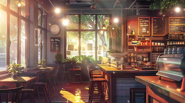 Interior of a caf&eacute; with sunlight rays streaming through the window, creating a warm and inviting atmosphere.
  Seamless looping 4k time-lapse virtual video animation Generated AI