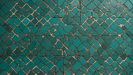 Cracked teal mosaic tiles, showing wear and age