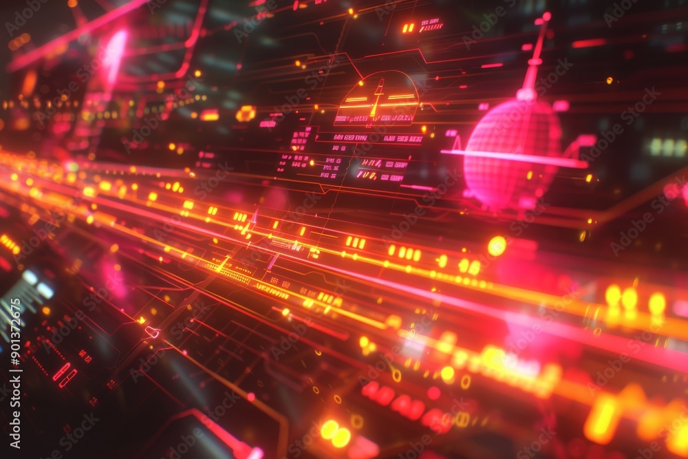 Poster futuristic city with glowing data streams emphasizing advanced technology and urban innovation perfe