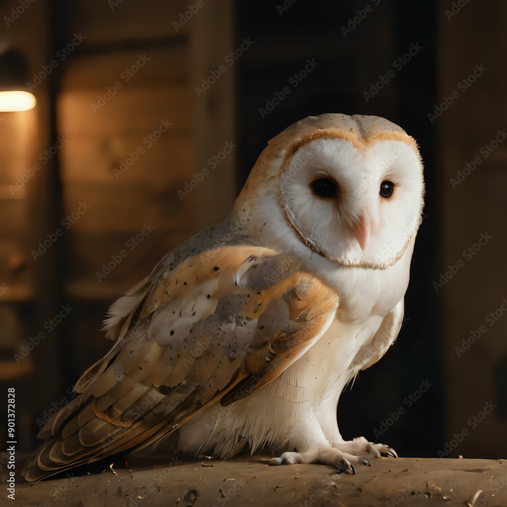 Wall mural a owl sitting on a ledge in a barn at night