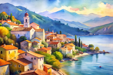 Naklejka premium Oil painting Mediterranean landscape on canvas art. Small town on the France on the sea and mountains.