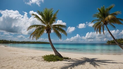 Sunny tropical beach with palm trees and clear water