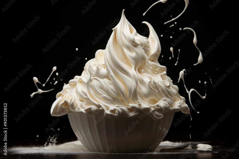 Poster high-speed capture of whipped cream with dynamic splashes against a dark background