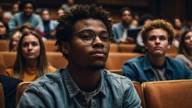 African American student listen to a lecture in the auditorium