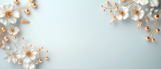 Delicate floral arrangement featuring white blooms and gold accents on a soft blue background, perfect for invitations or decor.