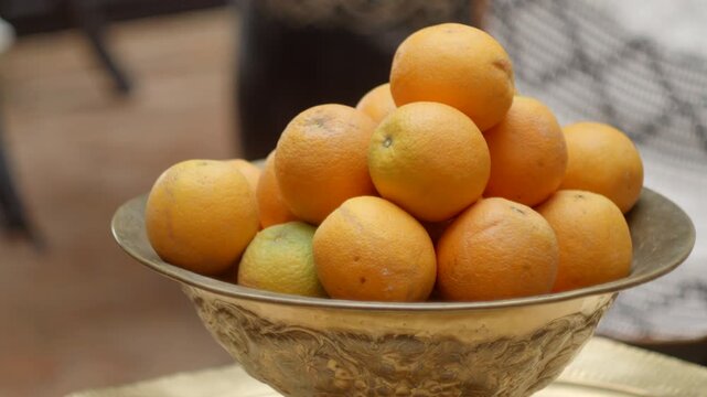 Brass Bowl with Many Juicy Oranges, Interior Design, Parallax