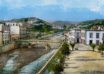 Fototapeta premium watercolor illustration Old view of Vegueta in Palmas de Gran Canaria, early 20th century