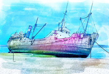 watercolor illustration old stranded ship