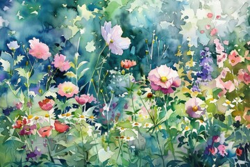 Garden Watercolor. Hand-painted Summer Flowers in Blooming Garden