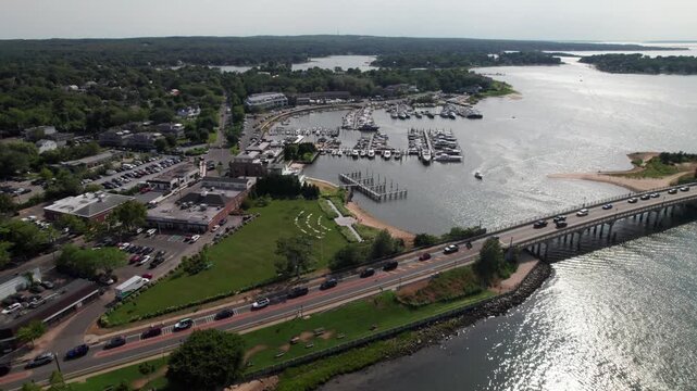 Sag Harbor Cove, high aerial view, 4K. The Hamptons, drone shot.