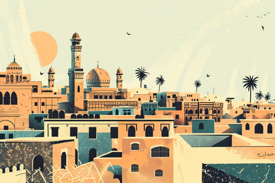 Risograph retro riso print travel poster, card, wallpaper or banner illustration, modern, isolated, clear, simple of Basra, Iraq