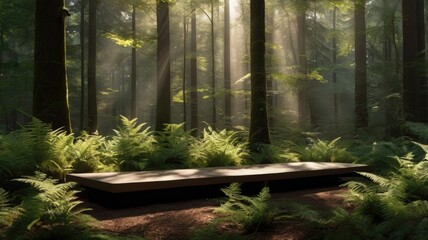 Fototapeta premium Product display podium, green forest background, white plant, wood, stone, 3D render, cosmetic, beauty mockup.