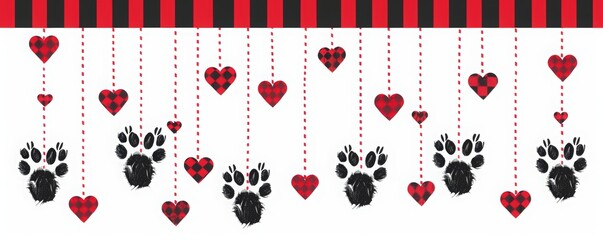 International Dog Day. A cute Valentine's Day card design with heart-shaped dog paws hanging from strings on a white background