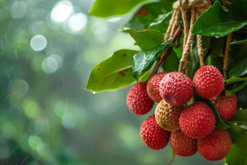 Obraz premium Fresh ripe lychee fruits hanging from a lychee tree in the rain. Agricultural concept. Tied red lychee. Background for design.