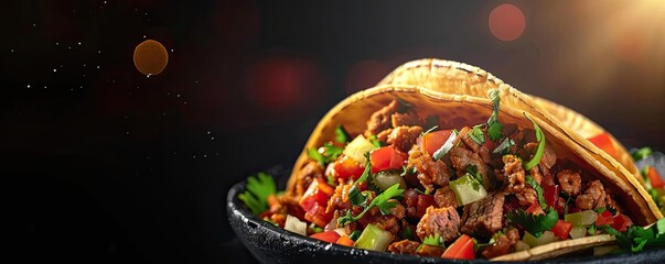 A delicious taco filled with flavorful meat, fresh veggies, and vibrant herbs, perfect for food lovers and culinary enthusiasts.