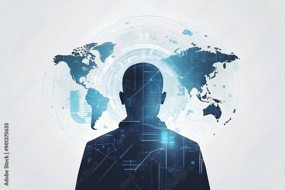 Poster global connectivity: a silhouette of a person stands against a backdrop of a world map, symbolizing 