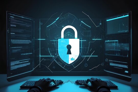 Cybersecurity Command Center: A futuristic depiction of a secure network, featuring a glowing padlock icon amidst digital code and interfaces, symbolizing robust data protection in the digital age.