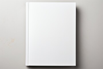 Top view of a closed blank white book on a minimalist concrete surface