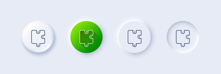 Puzzle piece line icon. Neumorphic, Green gradient, 3d pin buttons. Jigsaw game shape sign. Business strategy element. Line icons. Neumorphic buttons with outline signs. Vector