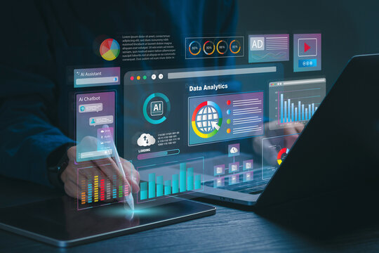 Data analytics automated with AI technology. Businessman use laptop and dashboard for Automating Data Management Analytics and Business Reports with KPIs. AI chat bot chatting with customer.