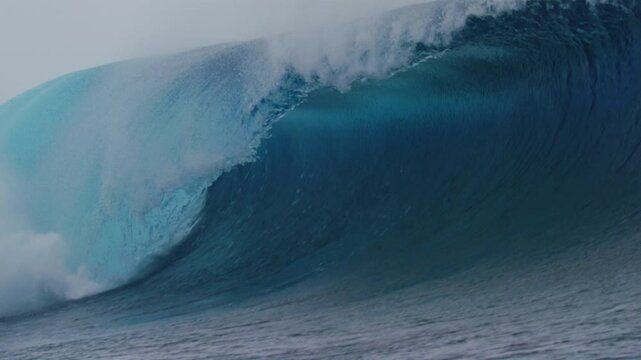 Majestic powerful ocean wave barreling and crashing into whitewash with view down barrel, Cloudbreak Fiji, slow motion