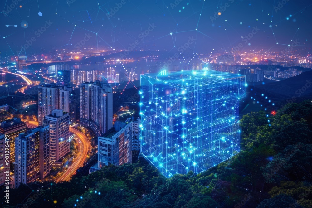 Poster futuristic cityscape with digital data cube emphasizing advanced technology and smart city innovatio