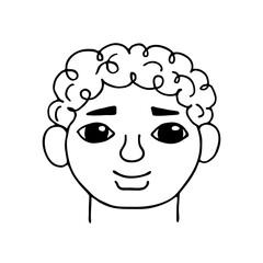 Smiling face of a little child boy or funny African guy with curly hair, black outline isolated on white. Line drawing sketch in doodle style. Vector clipart for children's illustration.