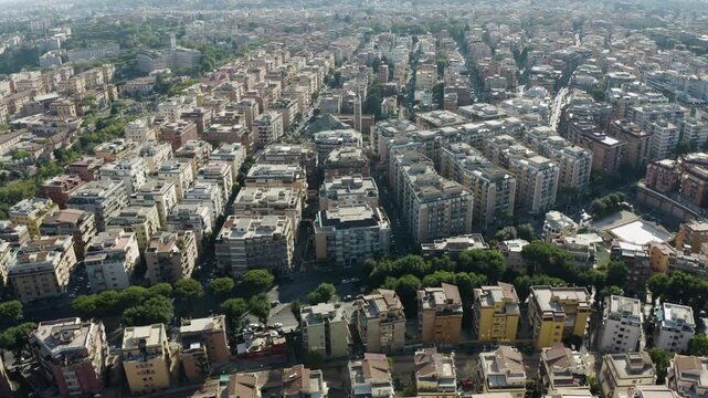 Panoramic aerial overview of buildings in perfect rows of the Trastevere neighborhood Rome Italy