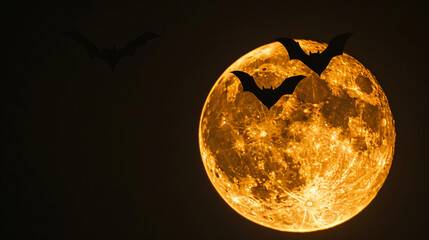 Close-up of a glowing, abstract full moon with bat silhouettes