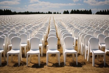Obraz premium Symmetrical perspective of countless white chairs arranged in rows across a vast field under a clear sky