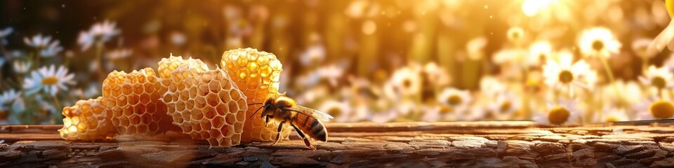 Naklejka premium honey comb on table and bee. Selective focus