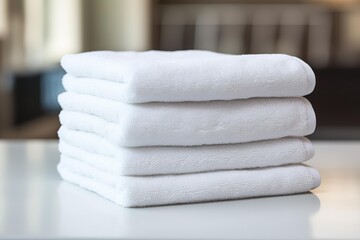 Neat stack of clean, fluffy white towels on a reflective surface with a blurred background