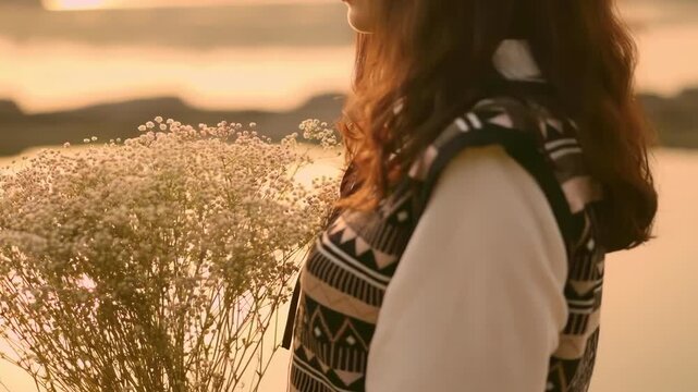 Silhouette of girl Holding the tiny flowers in hands under sunset rim light. Part of body. beautiful and humanistic artistic conception