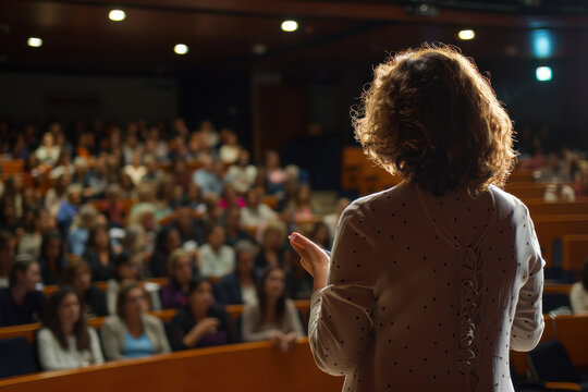 horizontal image of a lady doing a speech at a business conference in front of an attentive audience, view from behind