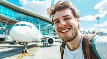 Joyful young man at the airport, capturing a selfie in front of the airplane