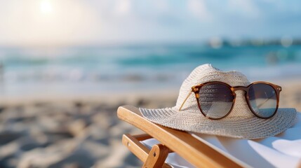 Fototapeta premium A stylish pair of sunglasses and a straw hat resting on a deck chair, overlooking the sandy beach and the serene ocean under a soft, dreamy sky.