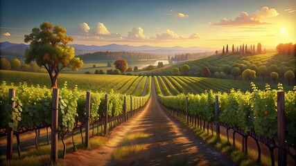 Naklejka premium Grape fields against the backdrop of sunset. Winemaking.