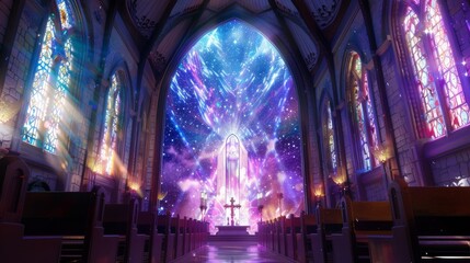 Obraz premium church with colorful stained glass windows reflecting stars and galaxies, three crosses forming a cross shape in anime style