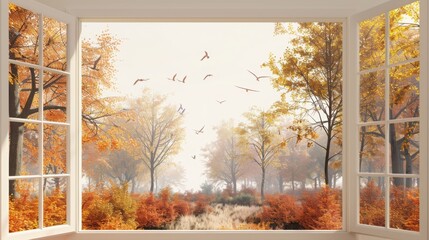 An open window leading to an endless autumn park with wild colorful trees and flying away birds