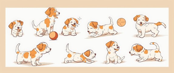 Fototapeta premium A set of a golden retriever puppy playing with a ball on a white background. Happy Dog Day, on August 26th, adorable dogs in various poses and expres
