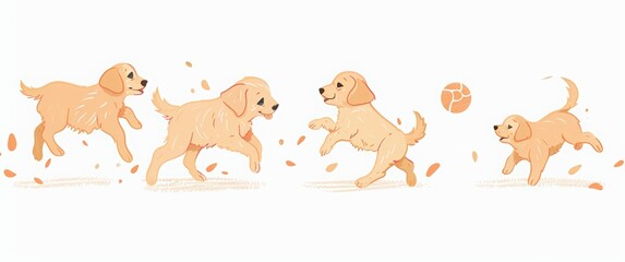A set of a golden retriever puppy playing with a ball on a white background. Happy Dog Day, on August 26th, adorable dogs in various poses and expres
