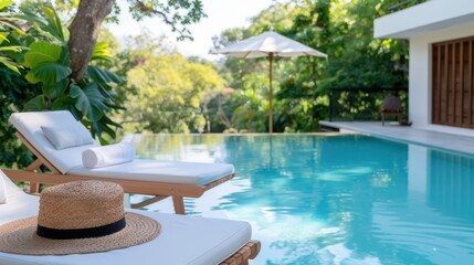 Fototapeta premium A beautiful poolside area featuring a comfortable chaise lounge under the shade of trees, with clear blue water reflecting the surrounding greenery and a peaceful ambiance.
