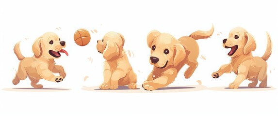 Obraz premium A set of a golden retriever puppy playing with a ball on a white background. Happy Dog Day, on August 26th, adorable dogs in various poses and expres