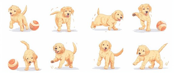 Fototapeta premium A set of a golden retriever puppy playing with a ball on a white background. Happy Dog Day, on August 26th, adorable dogs in various poses and expres