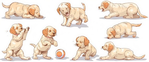 A set of a golden retriever puppy playing with a ball on a white background. Happy Dog Day, on August 26th, adorable dogs in various poses and expres