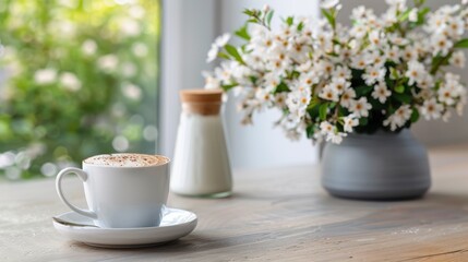 A serene image of a fresh cappuccino in a white cup and saucer on a wooden table, accompanied by a vase filled with delicate white flowers beside a window with green view.