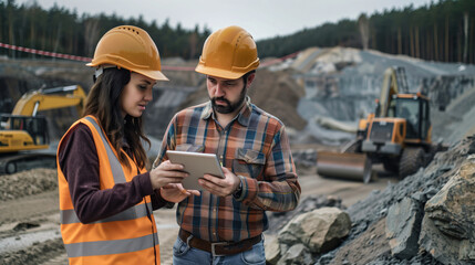 Male civil engineer and female inspector, engaged in conversation at a construction site