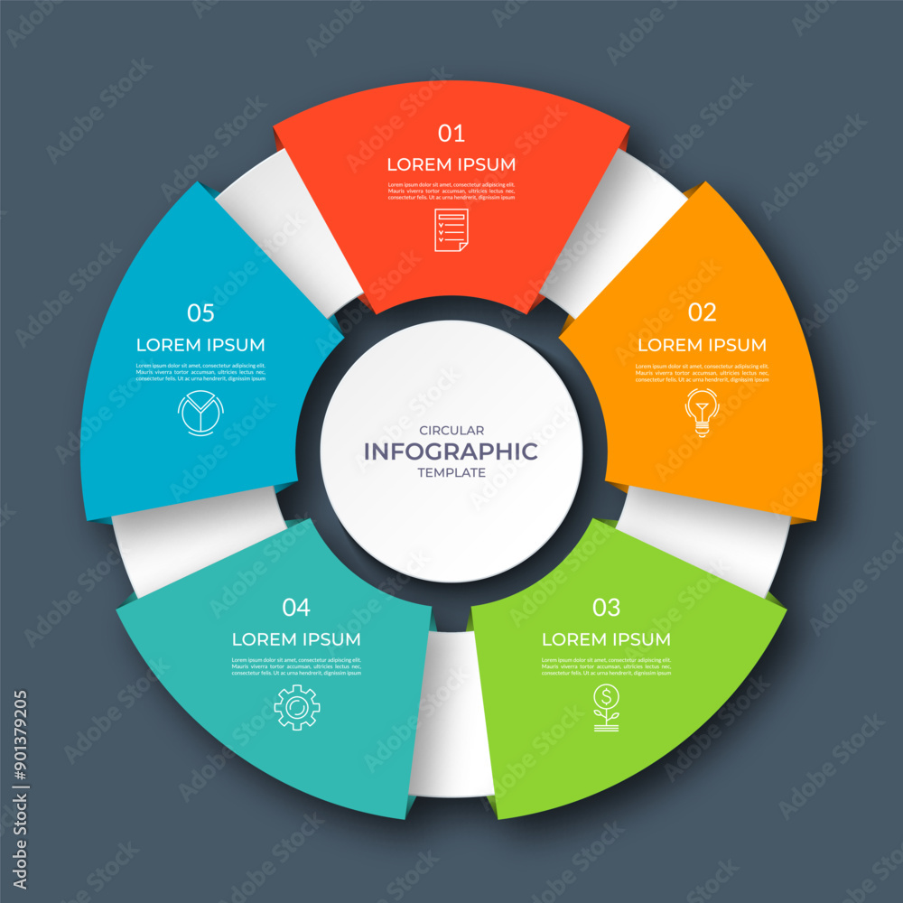 Wall mural infographic circular diagram with 3 options, parts. five-step process chart with colorful segments, 