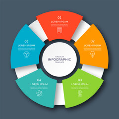 Infographic circular diagram with 3 options, parts. Five-step process chart with colorful segments, applicable for data visualization, presentation, business infographics.