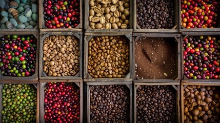 coffee beans displayed on wooden crates at a farmers' market, showcasing the global diversity and cultural significance of coffee production.